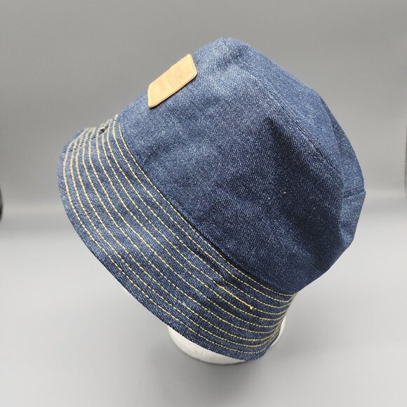 Jean Paul Gaultier Par Vous Blue Denim Bucket Hat Leather Embossed Logo Patch - Picture 3 of 7